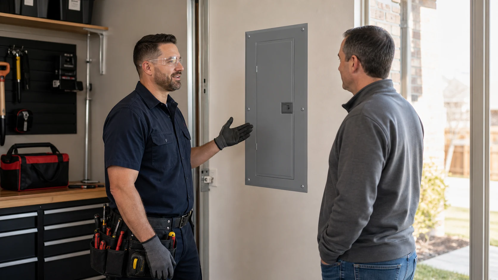 Electrician speaking with a homeowner by a residential electrical panel
