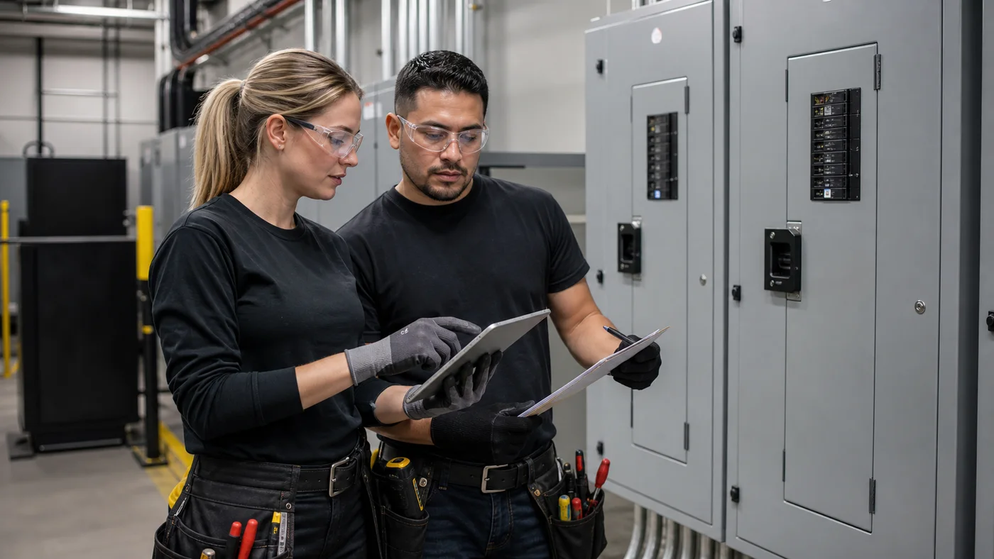 Two electricians reviewing code correction documentation in an electrical room