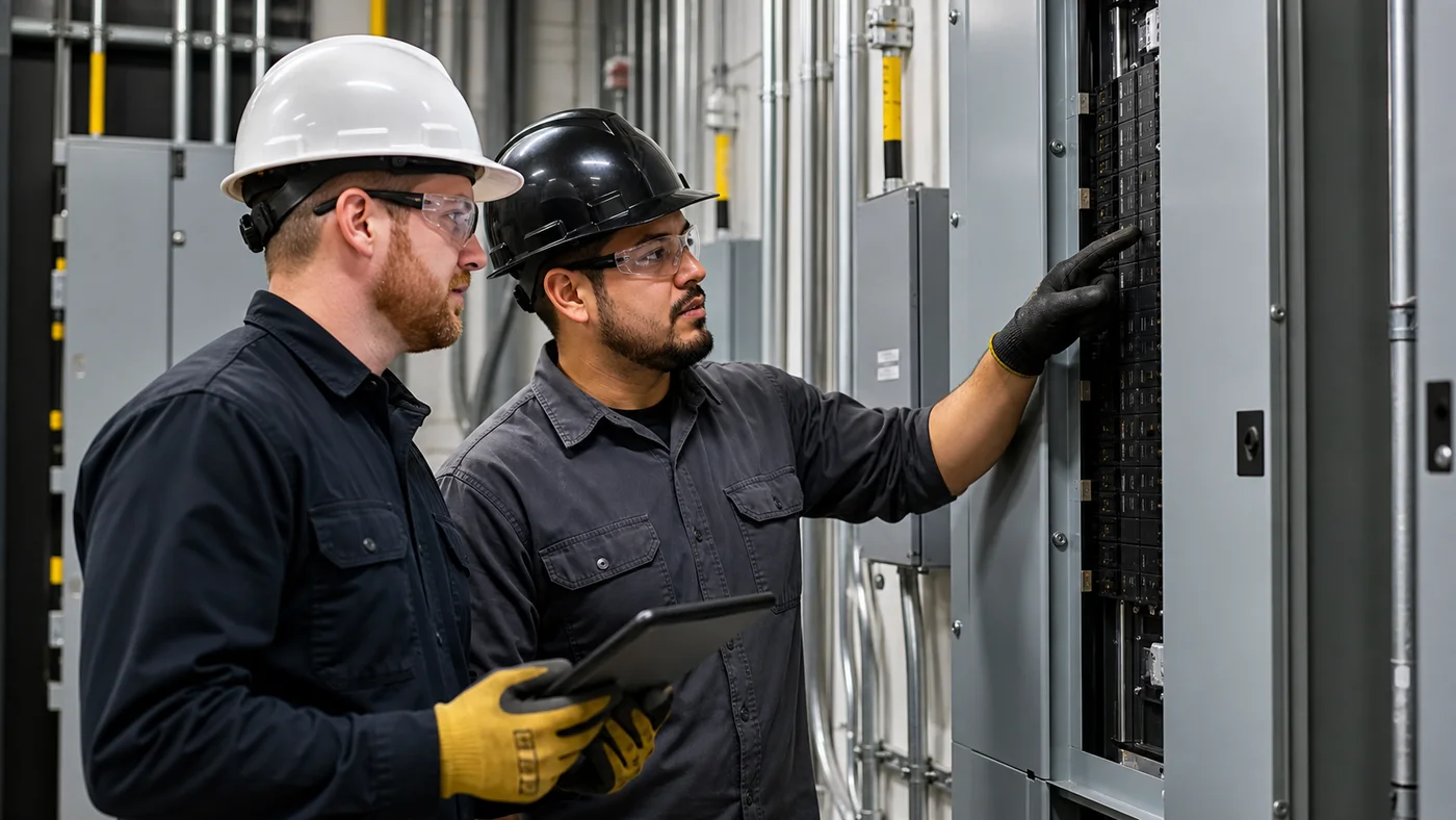 Two electricians reviewing a commercial electrical panel in a clean utility room