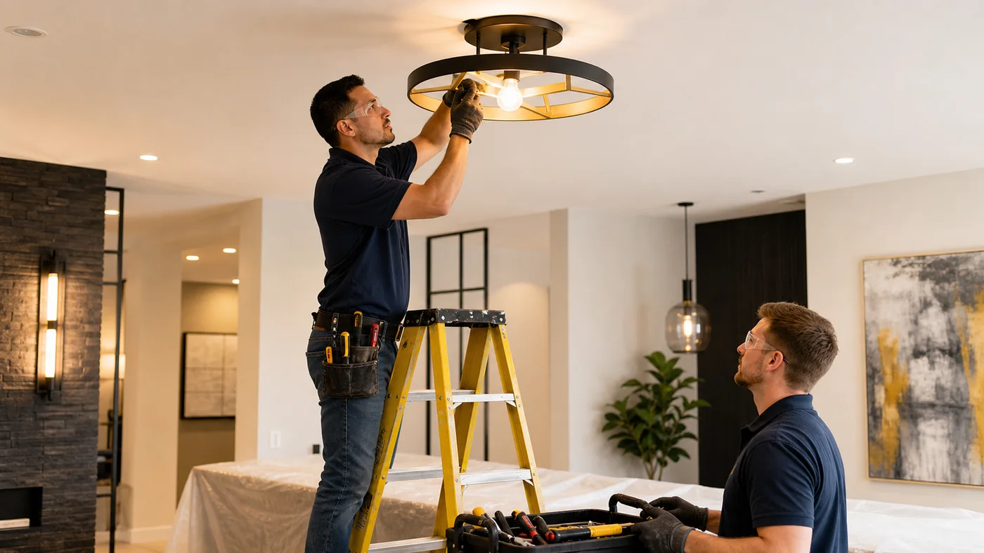 Two electricians installing a modern interior light fixture
