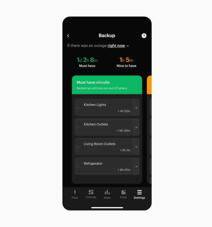 SPAN app backup screen showing circuit priority controls