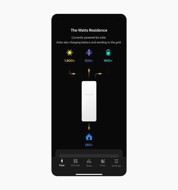 SPAN app dashboard showing home energy information